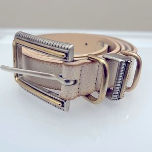 Free People Layered Up Leather Belt - cream white & gold/silver hw (S/M)